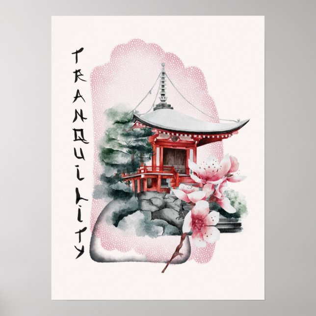Wasserfarbe Japanischer Tempel Sakura Blossom Poster (Vorne)