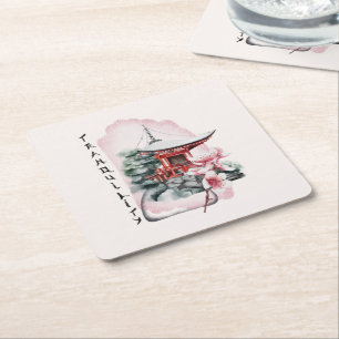 Wasserfarbe Japanischer Tempel Sakura Blossom Rechteckiger Pappuntersetzer