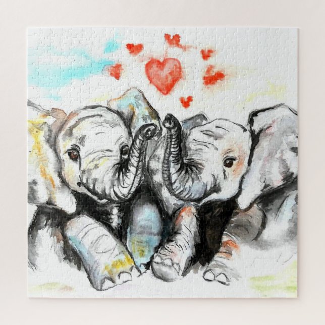 Wasserfarbe Jigsaw Puzzle Elefanten Paar Liebe (Vertikal)