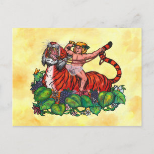 Wasserfarbe Junge Bacchus lächeln auf einem Tiger Postkarte