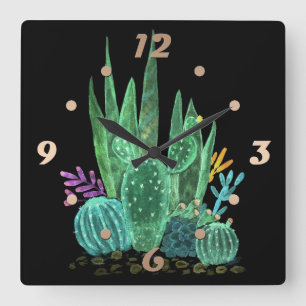 Wasserfarbe, Kakteen-Kaktus-Kissen Quadratische Wanduhr