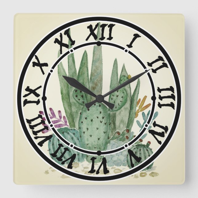 Wasserfarbe , Kakteen, Sukkulturen Quadratische Wanduhr (Vorderseite)
