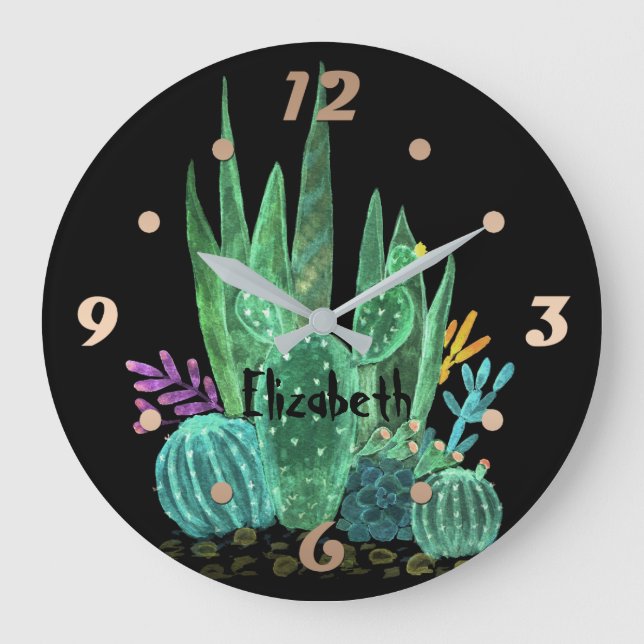 Wasserfarbe, Kaktus, Blume Große Wanduhr (Vorderseite)