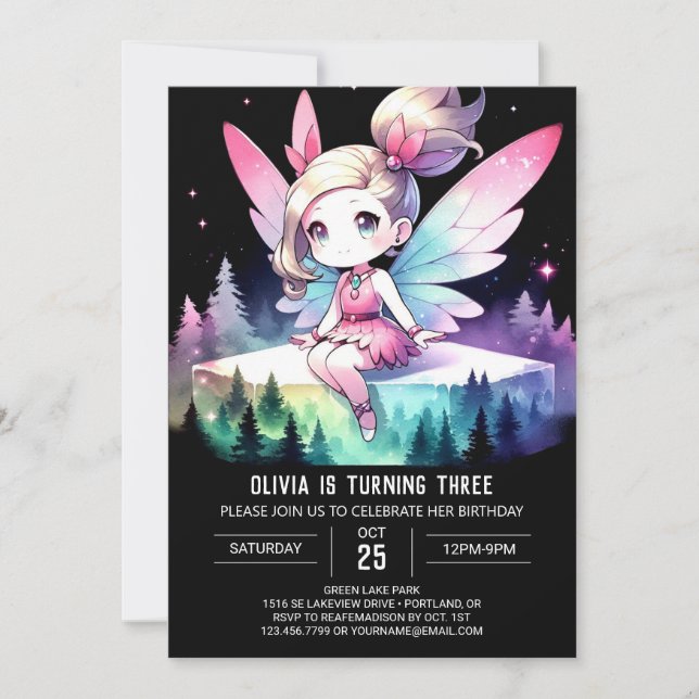 Wasserfarbe Kinder Fairy Birthday Einladung (Vorderseite)