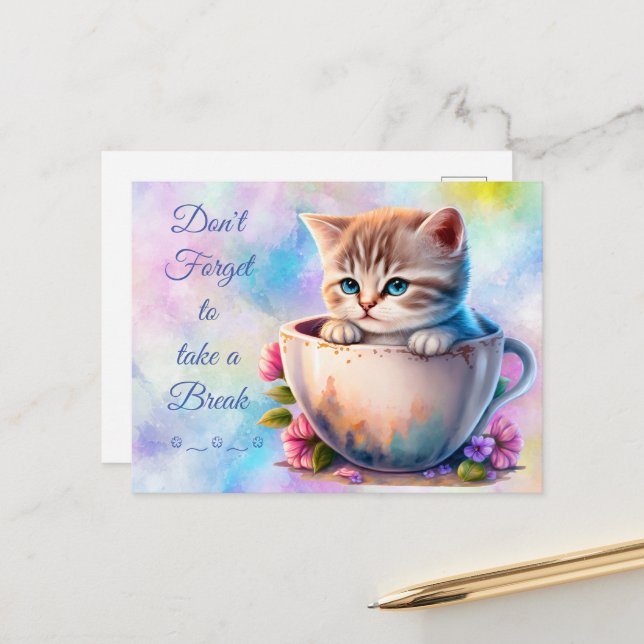 Wasserfarbe Kitten in einem Teacup farbige Katze Postkarte (Vorderseite/Rückseite Beispiel)