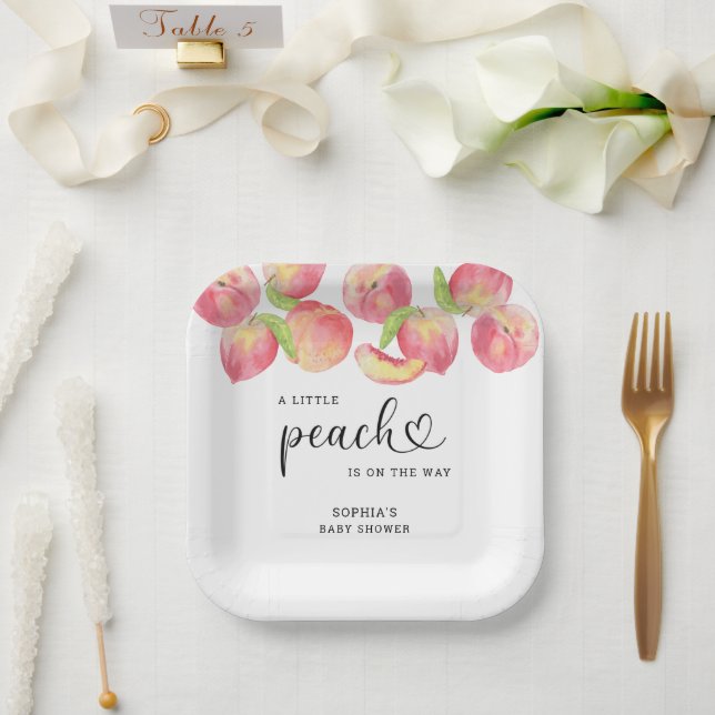 Wasserfarbe Kleine Pfirsich ist auf dem Weg Babydu Pappteller (Hochzeit)
