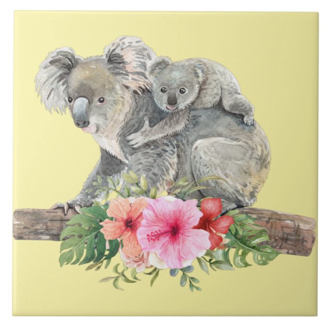 Wasserfarbe Koala Bears Niedliche Mama & Baby Fliese (Vorderseite)