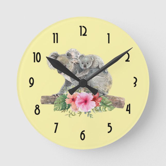 Wasserfarbe Koala Bears Niedliche Mama & Baby Runde Wanduhr (Vorderseite)