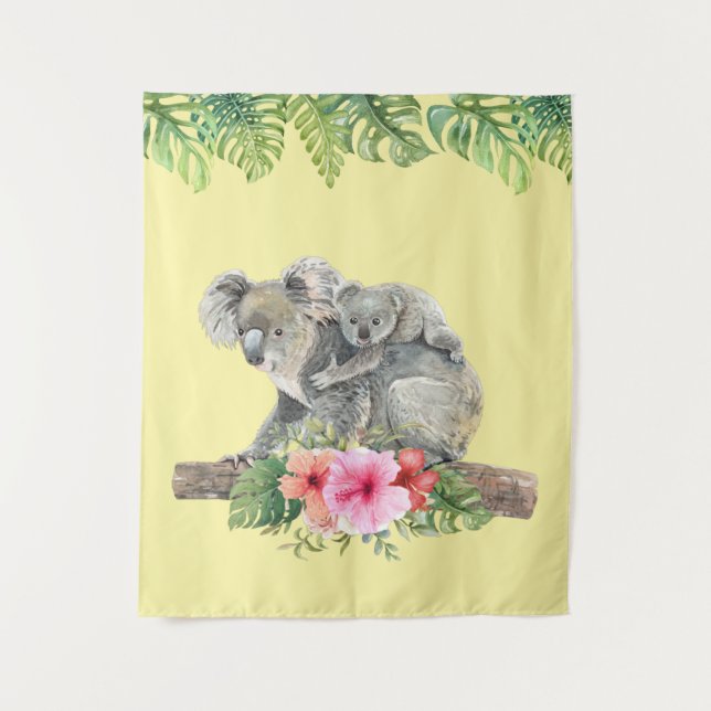 Wasserfarbe Koala Bears Niedliche Mama & Baby Wandteppich (Vorderseite)