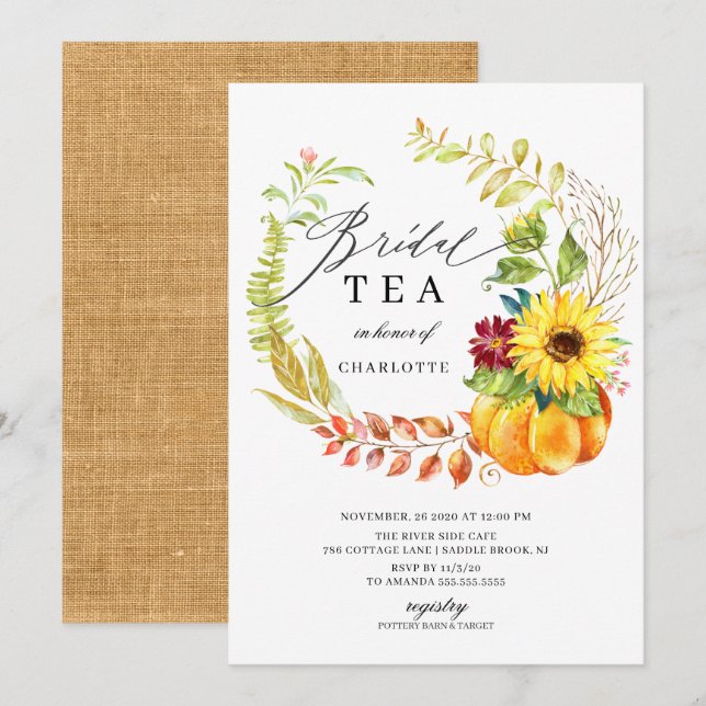 Wasserfarbe Kürbiskürbis Herbstkraut Brautparty Te Einladung (Vorne/Hinten)