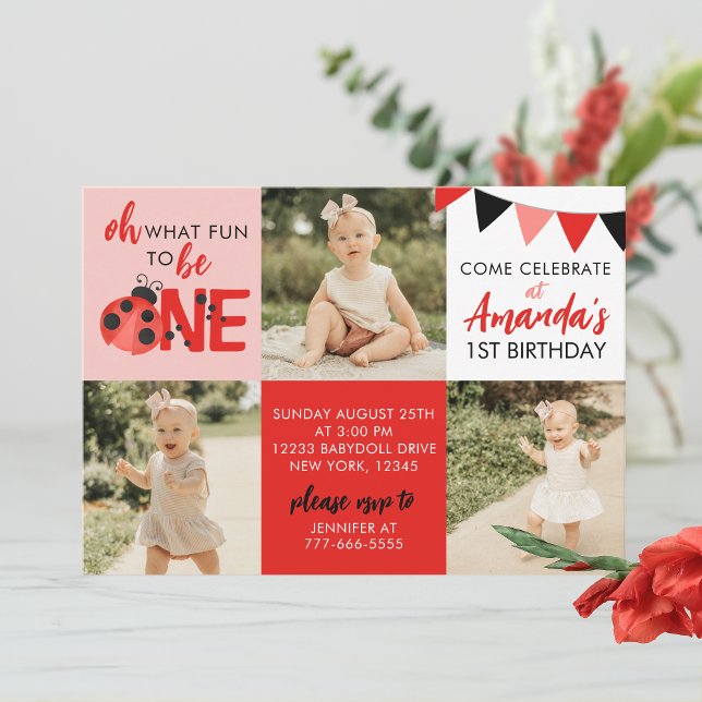 Wasserfarbe Ladybug 3 Foto Einladung zum Geburtsta (Light Pink Salmon Oh What Fun to Be One Watercolor Ladybug 3 Photo Birthday Invitations)