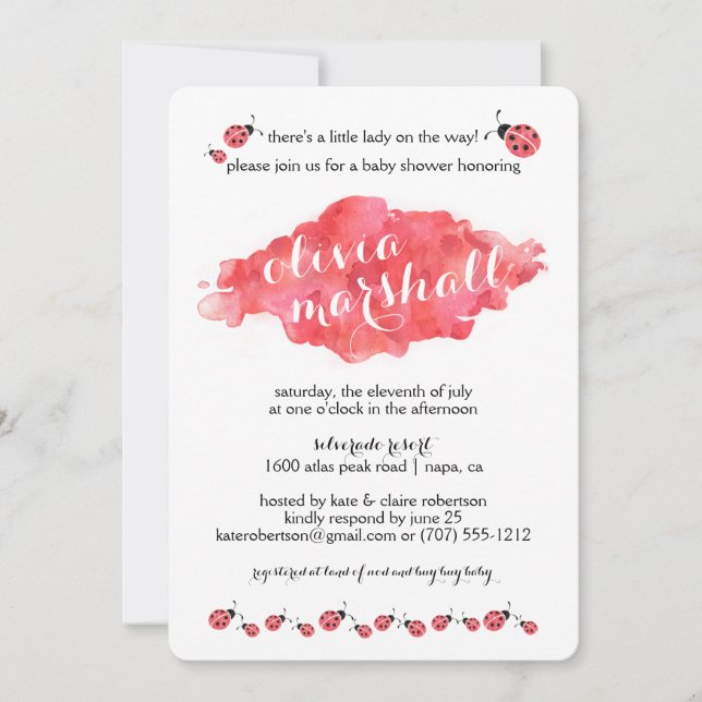 Wasserfarbe Ladybug Mädchen Kinderdusche Einladung (Vorderseite)