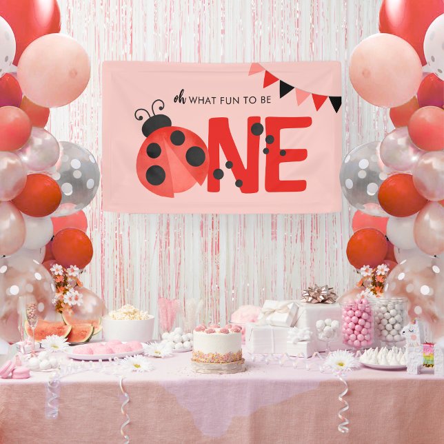 Wasserfarbe Ladybug Oh, was Spaß, ein Party zu sei Banner (Oh What Fun to Be One Watercolor Ladybug Hanging Vinyl 1st Birthday Banner in Light Salmon Pink)