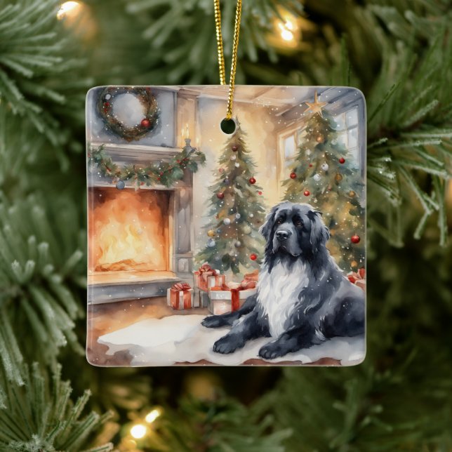 Wasserfarbe Landseer Newf - Xmas Szene Keramikornament (Baum)