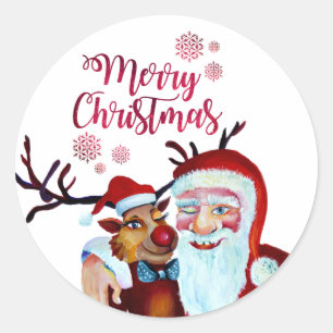 Wasserfarbe Laughing Santa Claus Rudolf lächelnd C Runder Aufkleber