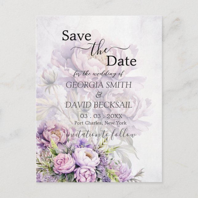 Wasserfarbe Lavender Peony Save the Date Postkarte (Vorderseite)