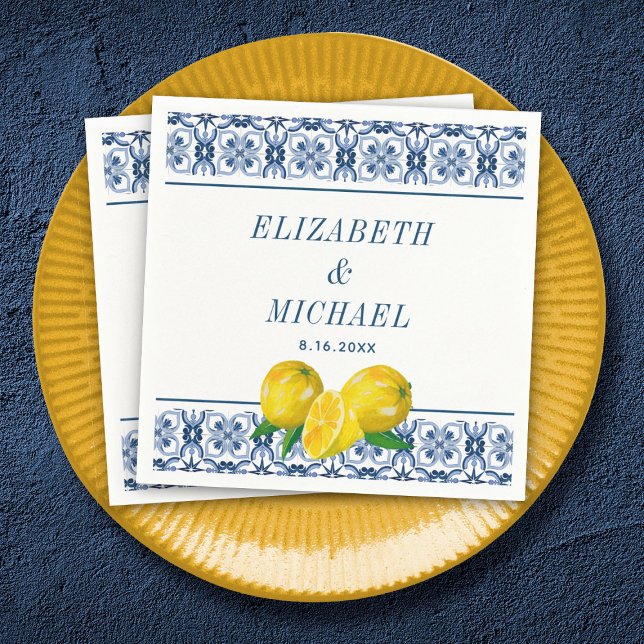 Wasserfarbe Lemon Italienische Hochzeit Serviette (An elegant Mediterranean lemon wedding napkin.)