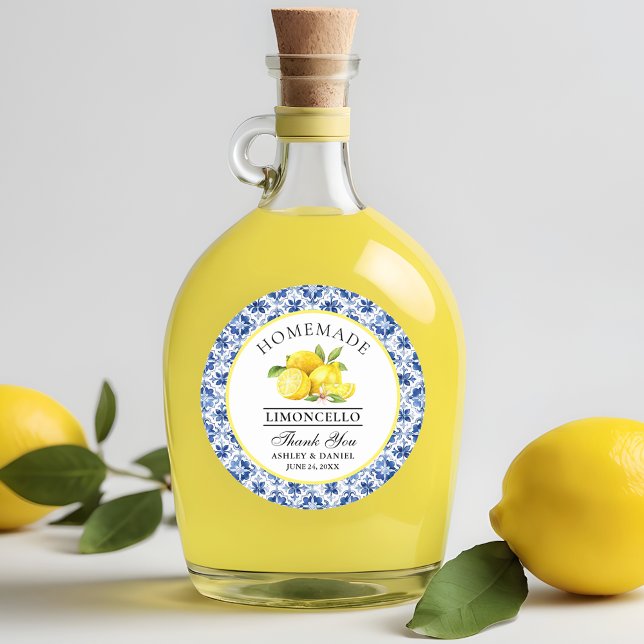 Wasserfarbe Lemons Blue Tile Limoncello Danke Runder Aufkleber (Customize to change text size, color or text style.)