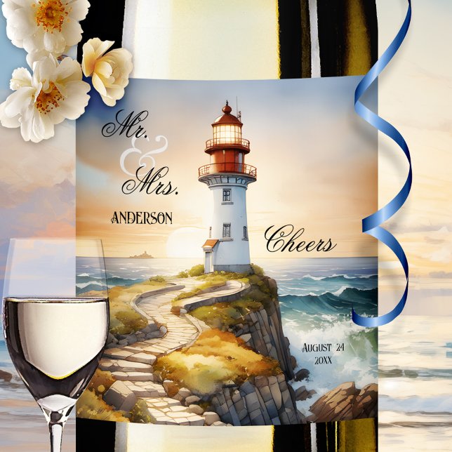 Wasserfarbe Leuchtturm Elegante Hochzeit Weinetikett (Romantic wine label featuring a watercolor painting of a lighthouse at sunset - wedding - nautical)