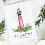 Wasserfarbe Leuchtturm Florida Strand Weihnachten<br><div class="desc">Diese Weihnachtskarte zum Thema Küste zeigt meine originale handgemalte Aquarelljupiter, Florida Leuchtturm in Rottönen auf einem knackigen weißen Hintergrund. Die Wörter Seas und Greetings sind Set in einer modernen Schriftzeichen-Typografie in marineblau. Das Innere ist mit einer kräftigen blauen Farbe versehen, die Ihren persönlichen Gruß in Weiß widerspiegelt. Personalisieren Sie die...</div>