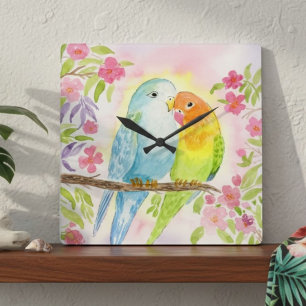 Wasserfarbe Liebesvögel mit rosa Blumen Quadratische Wanduhr