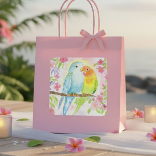 Wasserfarbe-Liebesvögel mit rosa Blumen Quadratischer Aufkleber
