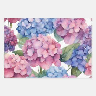Wasserfarbe Lila, blau, rosa Hydrangea-Blume Geschenkpapier Set