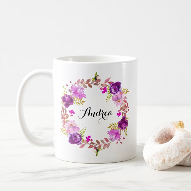 Wasserfarbe Lila Blumenstrauß Bridesmaid Kaffeetasse (Mit Donut)