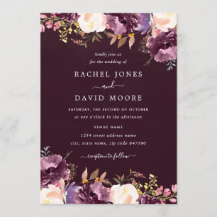 Wasserfarbe Lila Burgund Blumenhochzeit Einladung