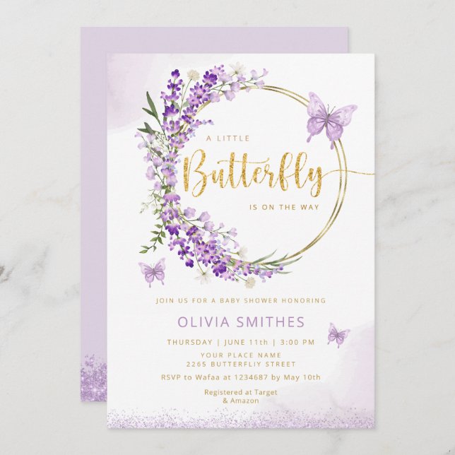 Wasserfarbe Lila Butterfly Baby Girl Babydusche Einladung (Vorne/Hinten)