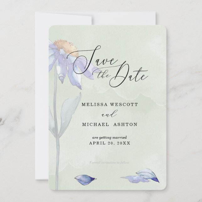 Wasserfarbe Lila Daisy Rustic Sage Green Wedding Save The Date (Vorderseite)