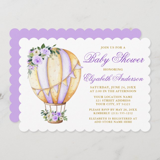 Wasserfarbe Lila Floral Baby Dusche Luftballon Einladung (Vorne/Hinten)