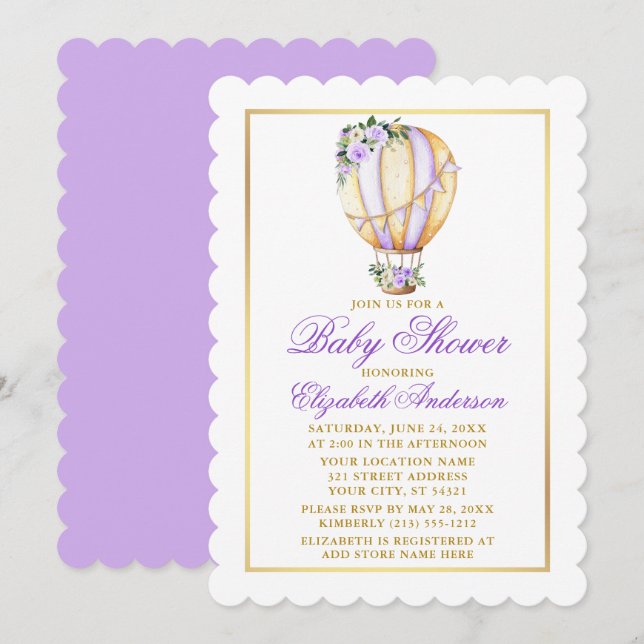 Wasserfarbe Lila Floral Ballon Baby Dusche Gold Einladung (Vorne/Hinten)