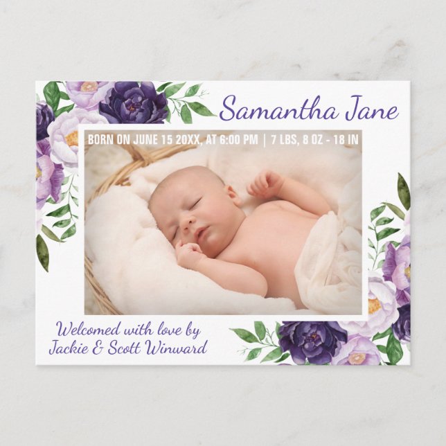 Wasserfarbe Lila Frühlingsblumen Baby Birth Ankündigungspostkarte (Vorderseite)