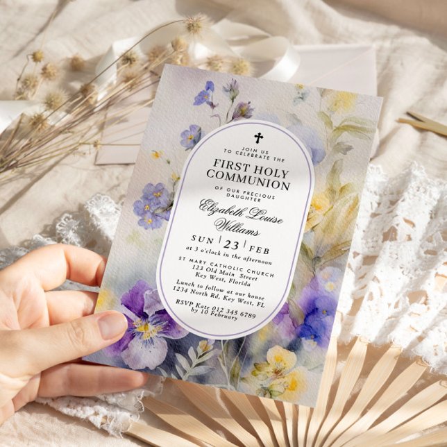 Wasserfarbe Lila & gelb Erste heilige Kommune Einladung (Von Creator hochgeladen)