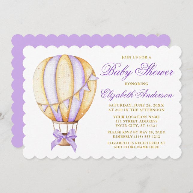 Wasserfarbe Lila Heißluftballon Bow Babydusche Einladung (Vorne/Hinten)