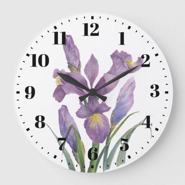 Wasserfarbe Lila Iris Botanische florale Kunst, Di Große Wanduhr (Vorderseite)