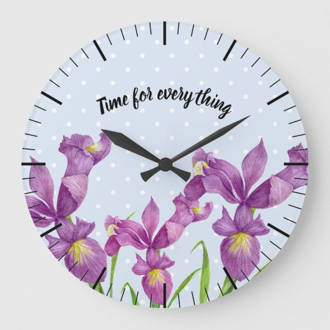 Wasserfarbe Lila Iris Botanische florale Kunst, Di Große Wanduhr (Vorderseite)