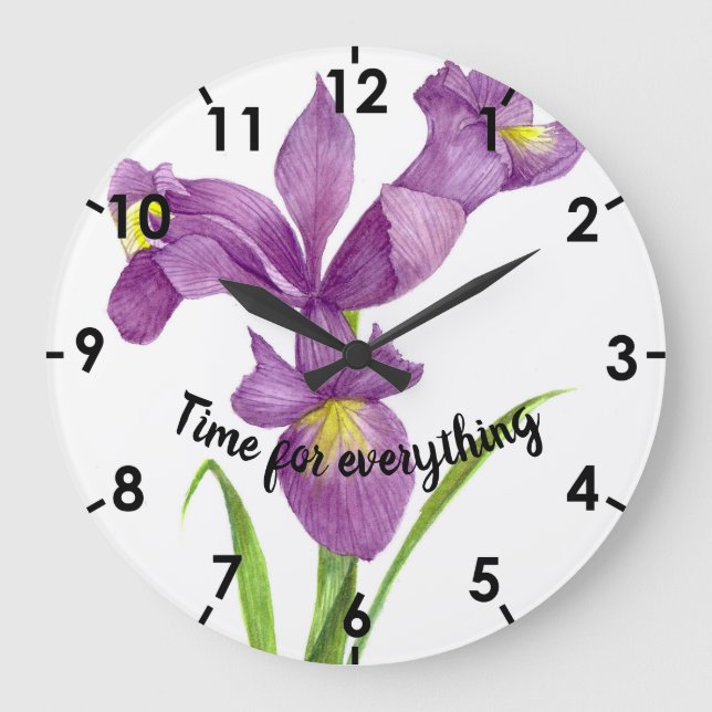 Wasserfarbe Lila Iris Botanische florale Kunst, Di Große Wanduhr (Vorderseite)