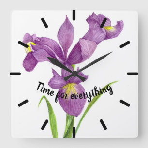 Wasserfarbe Lila Iris Botanische florale Kunst, Di Quadratische Wanduhr