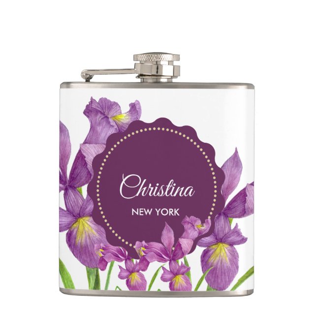 Wasserfarbe Lila Iris Botanische Illustration Flachmann (Vorderseite)