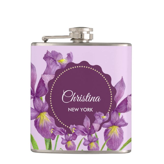 Wasserfarbe Lila Iris Botanische Illustration Flachmann (Vorderseite)