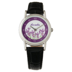 Wasserfarbe Lila Iris Botanische römische Zahlen Armbanduhr
