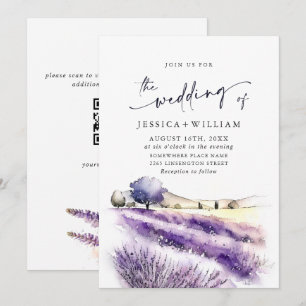 Wasserfarbe Lila Lavendelfeld Hochzeit QR-Code Einladung