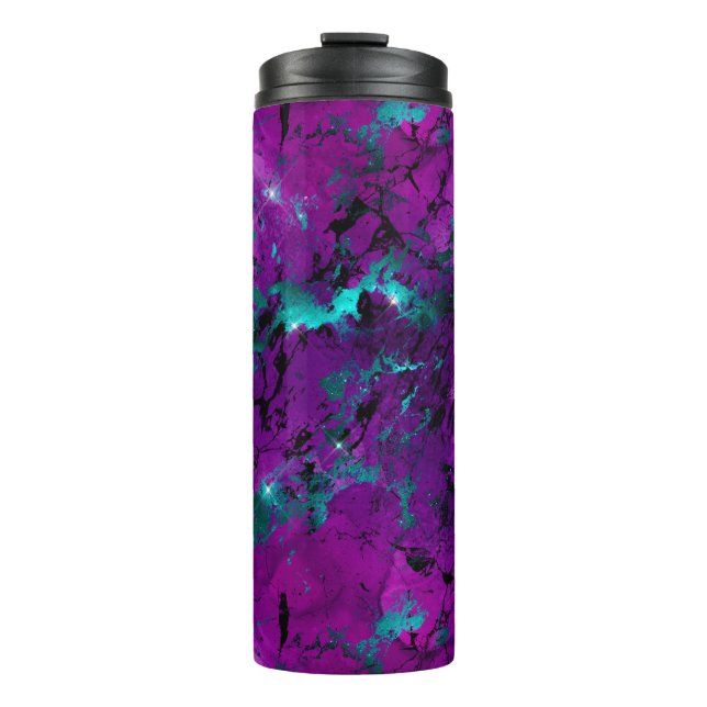 Wasserfarbe Lila und Aquamarin Marmorgalaxie Thermosbecher (Vorderseite)