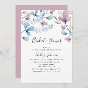 Wasserfarbe lila und blau blumengeschmücktes Braut Einladung