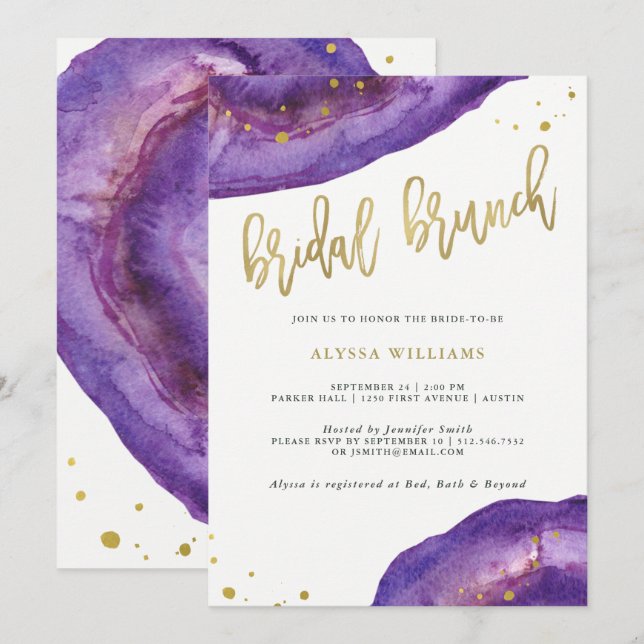 Wasserfarbe Lila und Gold Geode Bridal Brunch Einladung (Vorne/Hinten)