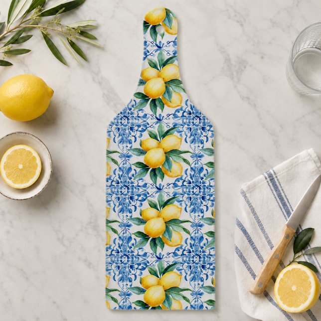 Wasserfarbe-Limonenblaue Fliesenschneidbrett Schneidebrett (elegant mediterranean lemon blue tile cutting board)