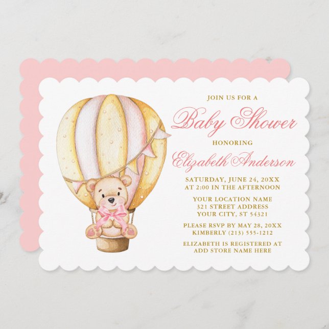 Wasserfarbe Luftballon Teddy Bear Pink Baby Dusche Einladung (Vorne/Hinten)