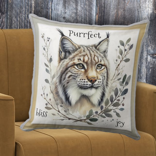 Wasserfarbe Lynx Big Cat Kissen (Pillow featuring a modern watercolor painting of a lynx with some vegetation - big cat - cat lover)